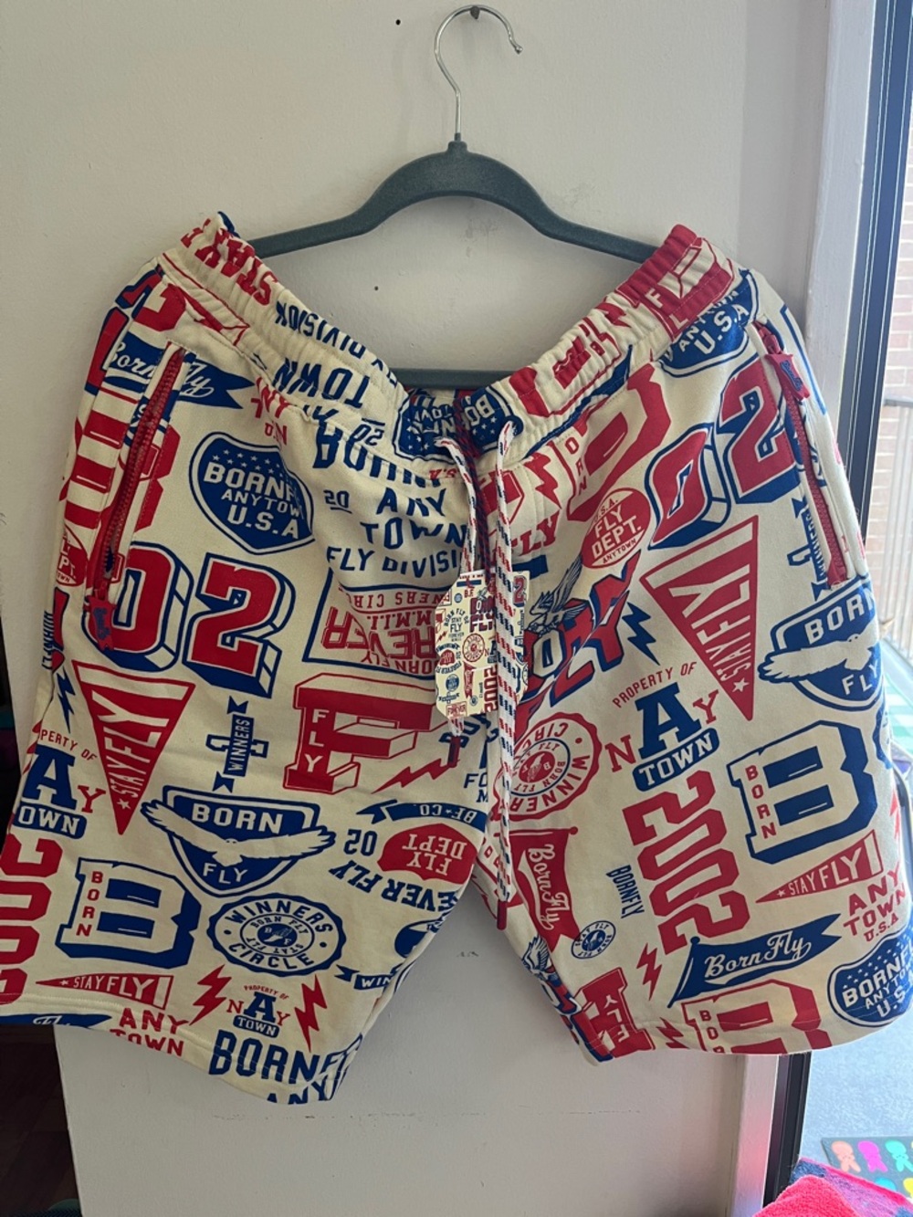 Born to Fly red and blue graphic men’s shorts, NWT